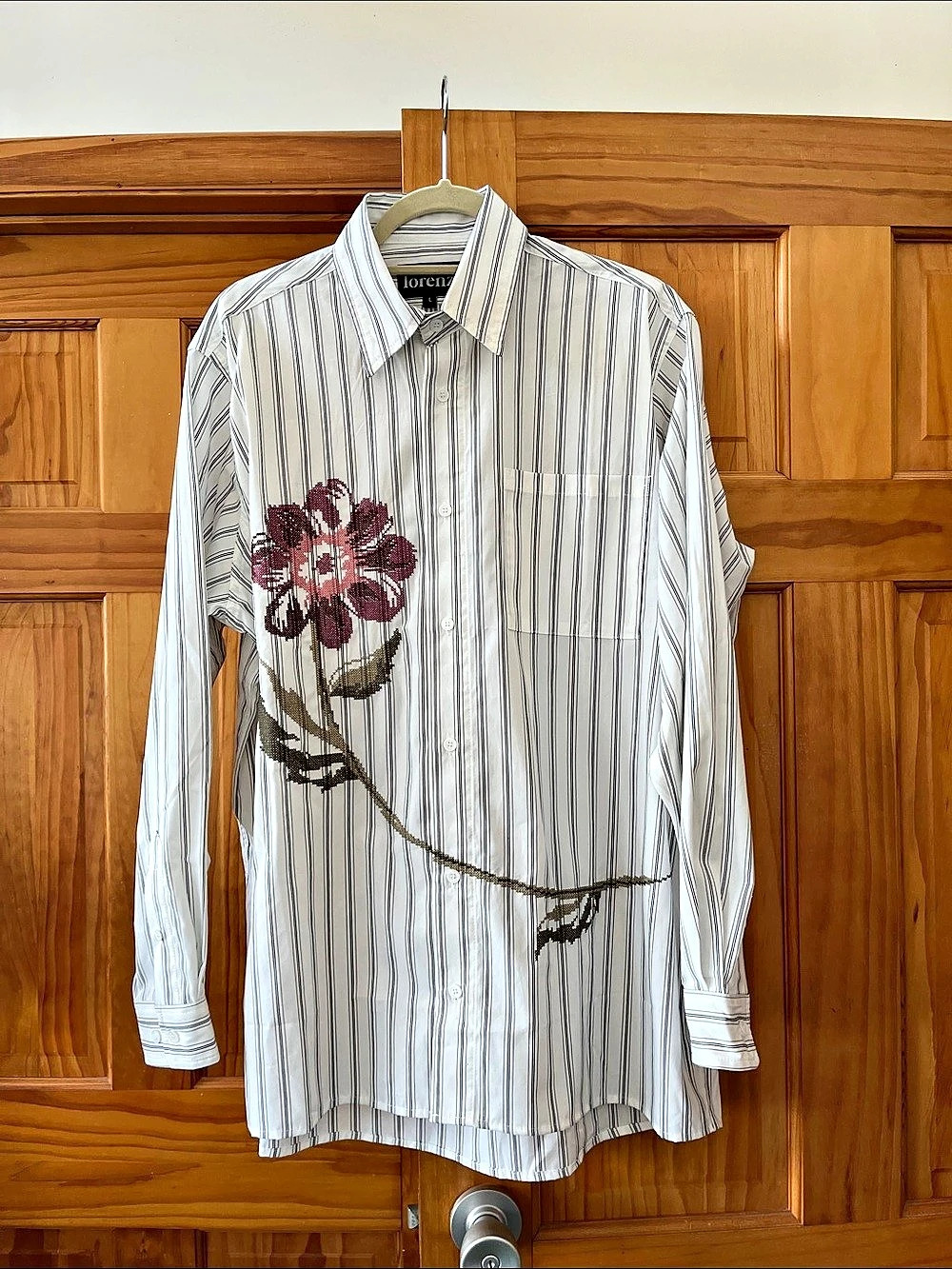 lorenz Striped Embroidered Button Down in White with gray and black stripes.